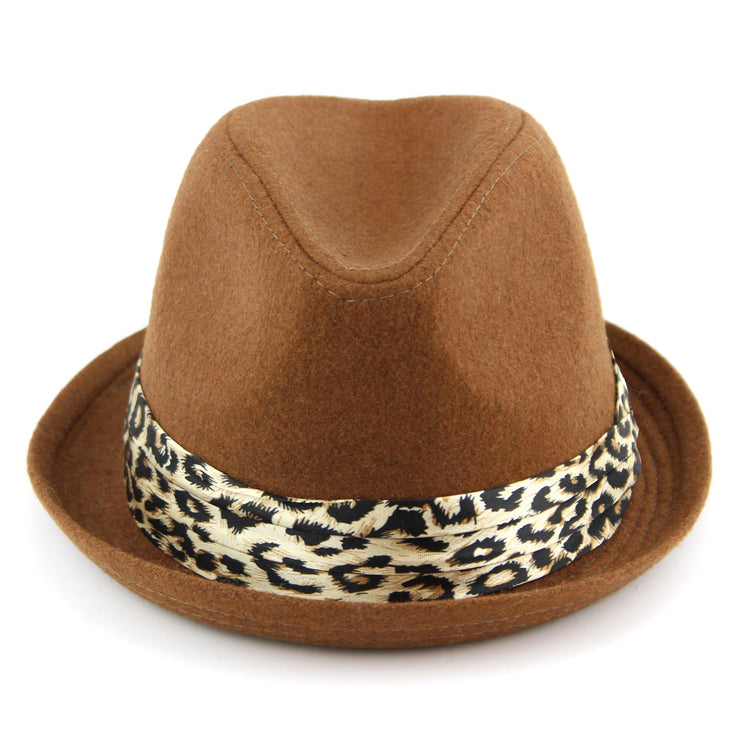 Women's felt rolled brim trilby hat with satin leopard print band - Brown (57cm)