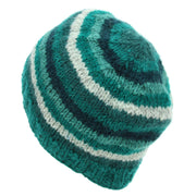 Hand Knitted Wool Beanie Hat - Stripe Teal