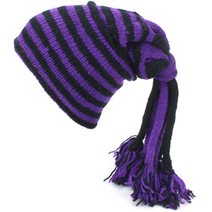 Wool Knit 'Fountain' Tassels Beanie Hat - Purple & Black
