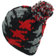 Wool Knit Bobble Beanie Hat - Red Houndstooth