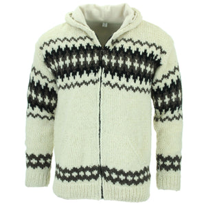 Cardigan veste à capuche en laine tricotée à la main - blanc fairisle