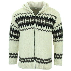 Hand Knitted Wool Hooded Jacket Cardigan - Fairisle White