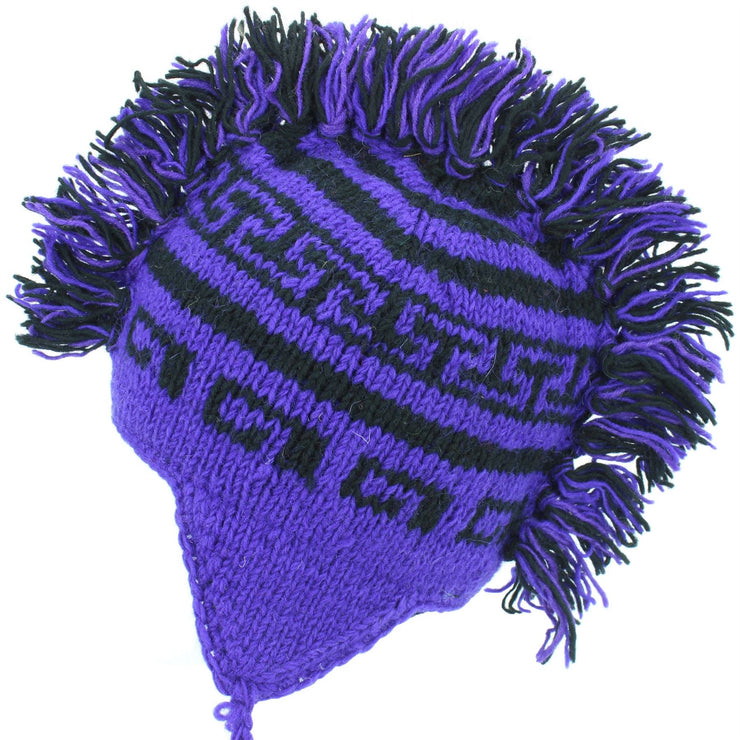 Wool Knit 'Punk' Mohawk Earflap Beanie Hat - Purple & Black
