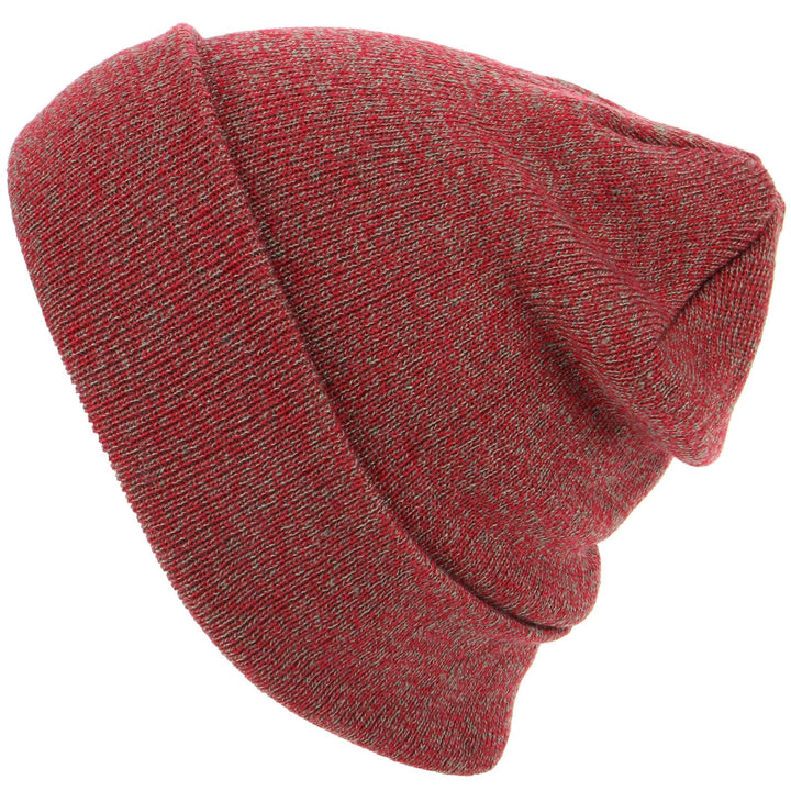 Fine Knit Marl Beanie Hat with Turn-up - Red