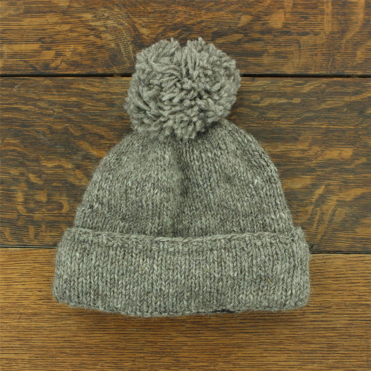 Hand Knitted Wool Beanie Bobble Hat - Plain Oatmeal