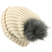 Chunky Knit Beanie Hat with Faux Fur Bobble - Off White
