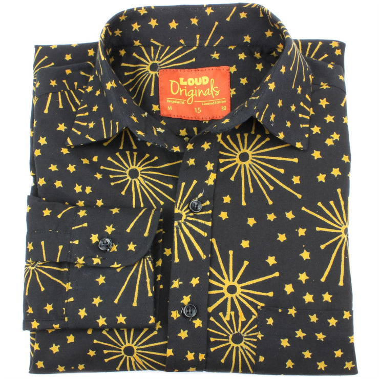 Regular Fit Long Sleeve Shirt - Black with Yellow Stars & Fireworks