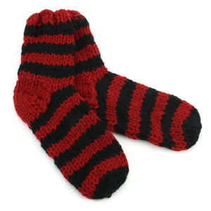 Socquettes en laine tricotées main - rayure rouge noir
