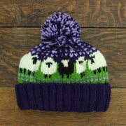 Wool Knit Bobble Beanie Hat - Sheep - Green Purple
