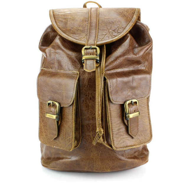 Real Leather Backpack with Two Front Pockets - Brown