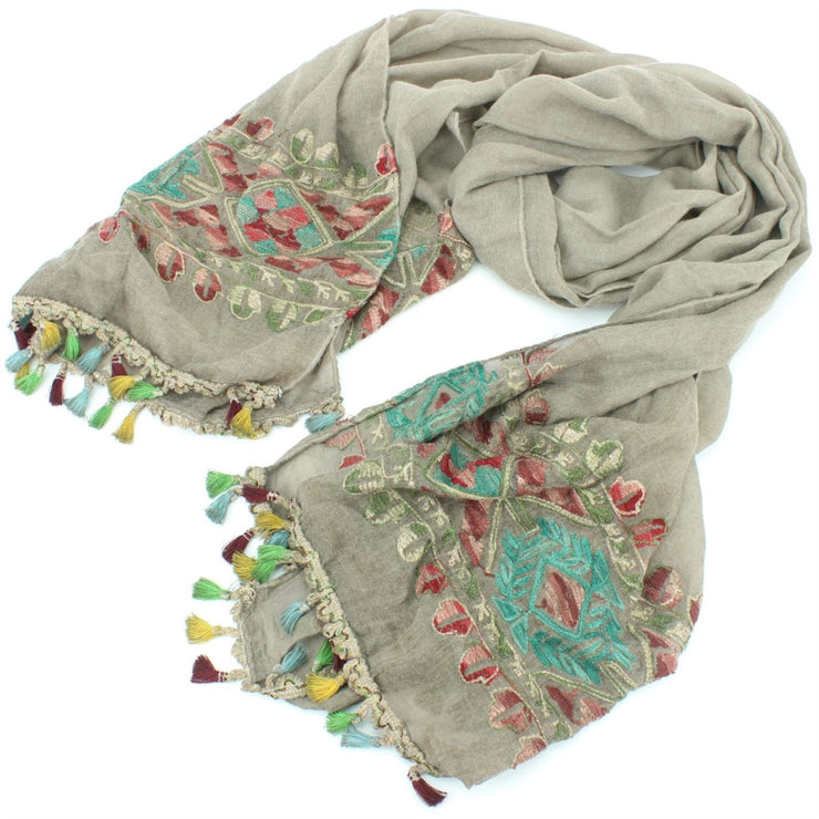 Woven Cotton Embroidered Scarf - Brown
