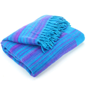 Vegan Wool Shawl Blanket - Stripe - Turquoise Purple