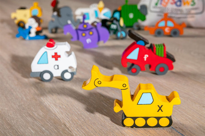 Handmade Wooden Jigsaw Puzzle - Alphabet Transport