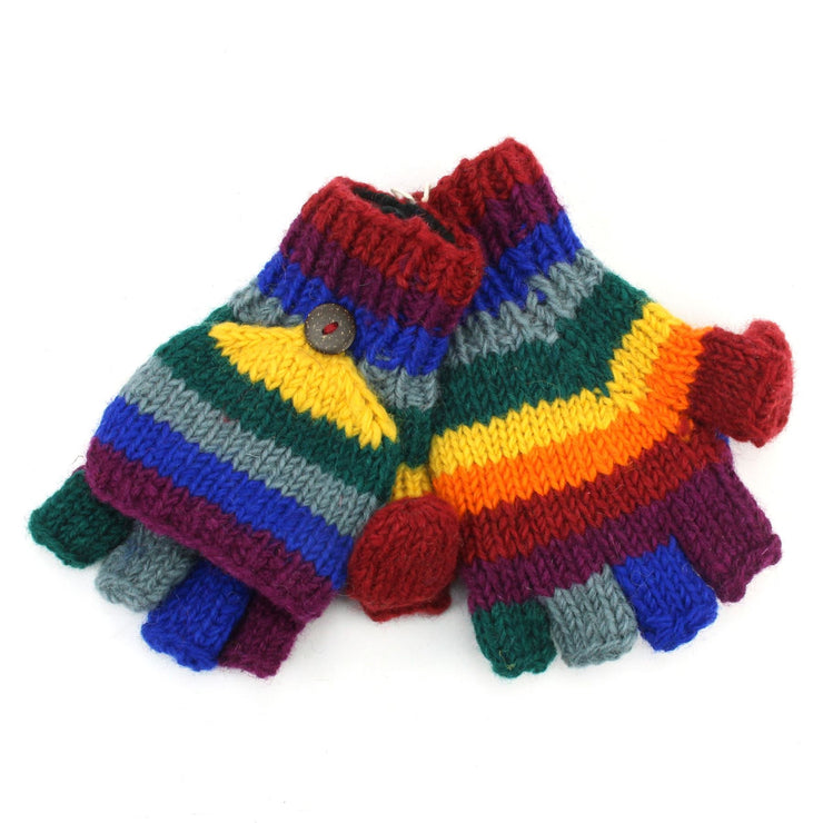 Hand Knitted Wool Shooter Gloves - Rainbow Stripe