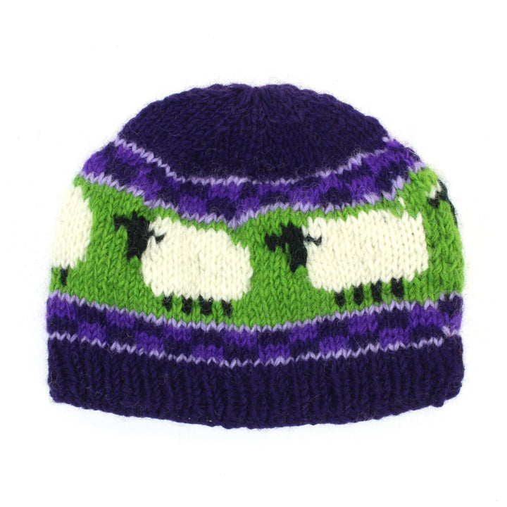Hand Knitted Wool Beanie Hat - Sheep Purple Green