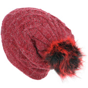 Knitted Slouch Bobble Beanie Hat with Super Soft Fleece Lining - Red