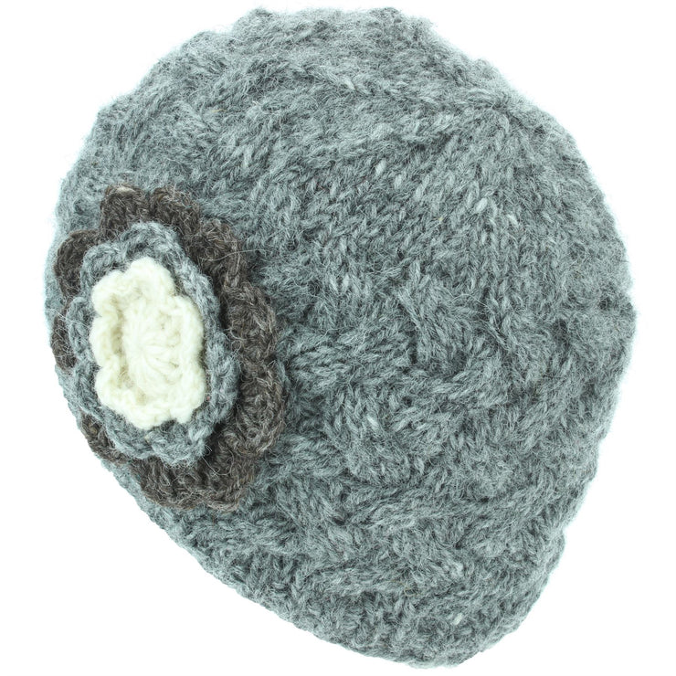 Ladies Wool Cable Knit Beanie Hat with Contrast Flower - Grey
