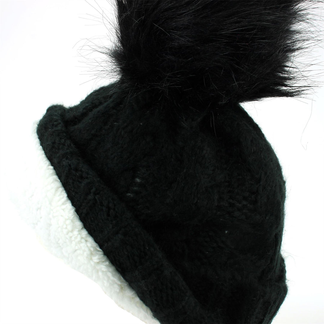 Twisted Rib Knitted Hat with Matching Colour Bobble - Black