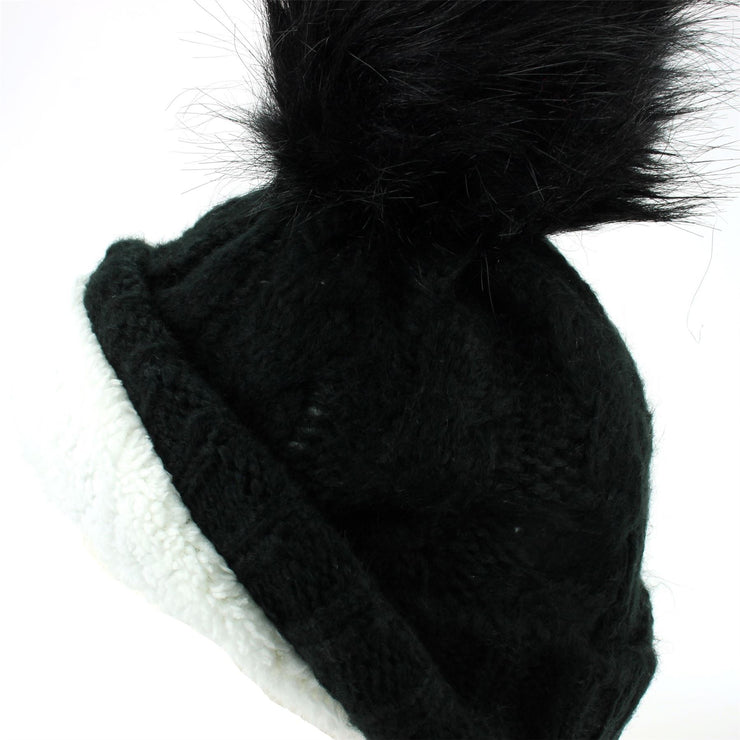 Twisted Rib Knitted Hat with Matching Colour Bobble - Black