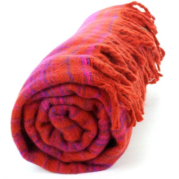 Vegan Wool Shawl Blanket - Stripe - Red Pink