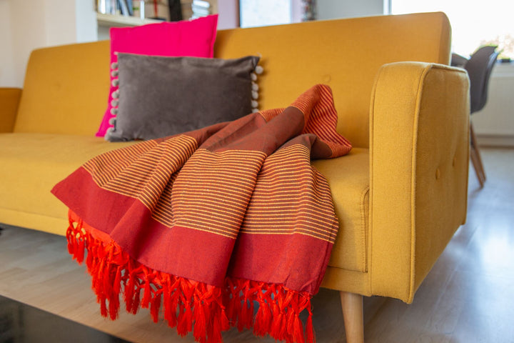 Striped Cotton Blanket With Tassel Edging - Carrot Orange Red
