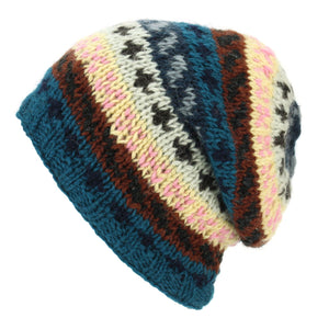 Uld strik baggy slouch beanie hat - stribet marineblå pink mønster