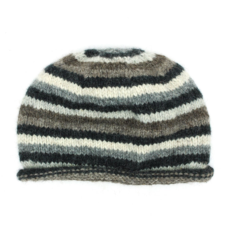 Hand Knitted Wool Beanie Hat - Stripe Natural