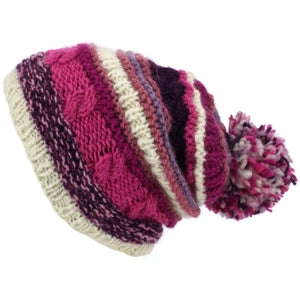 Bonnet à pompon en laine - rayure rose