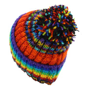 Hand Knitted Wool Beanie Bobble Hat - SD Black Rainbow Orange