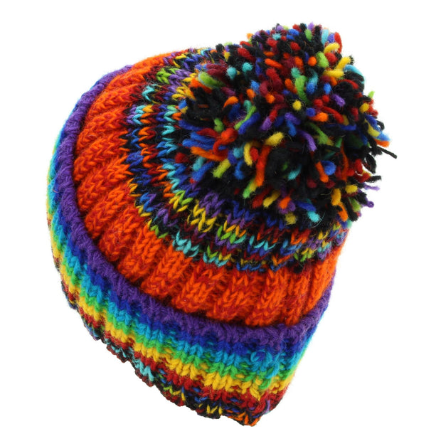 Hand Knitted Wool Beanie Bobble Hat - SD Black Rainbow Orange