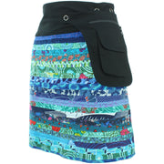 Reversible Popper Wrap Knee Length Skirt - Blue Patch Strips / Diamond Block