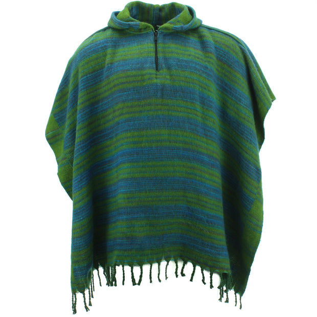 Hooded Square Poncho - Green & Blue