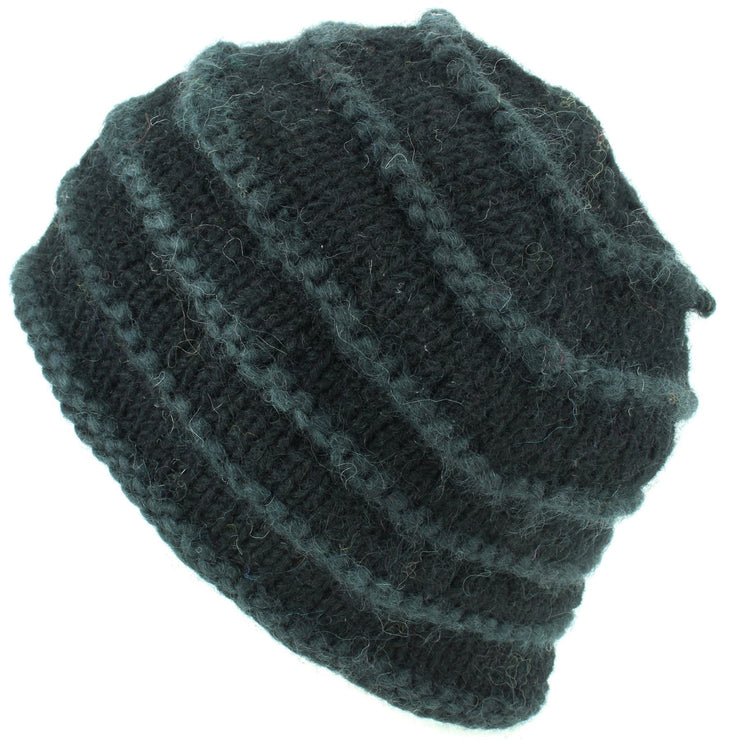 Chunky Ribbed Wool Knit Beanie Hat with Space Dye Design - Black