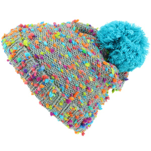 Bonnet à pompon gris pour enfants avec taches arc-en-ciel - Pompon bleu