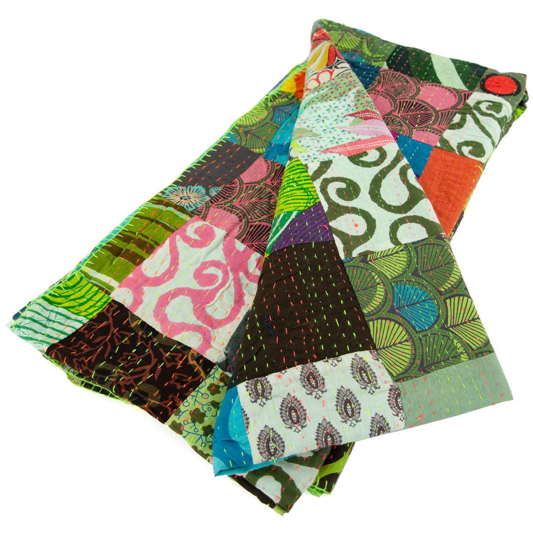 Handmade Patchwork Batik Printed Throw - Green Mix