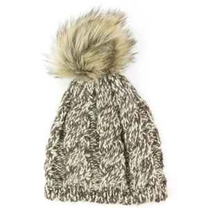 Chunky cable knit beanie hat with faux fur bobble - Brown