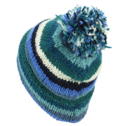 Chunky Wool Knit Beanie Bobble Hat - Stripe Blue White