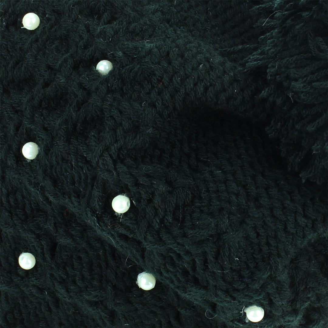 Pearl Lattice Bobble Beanie Hat - Black