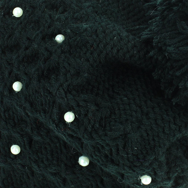 Pearl Lattice Bobble Beanie Hat - Black