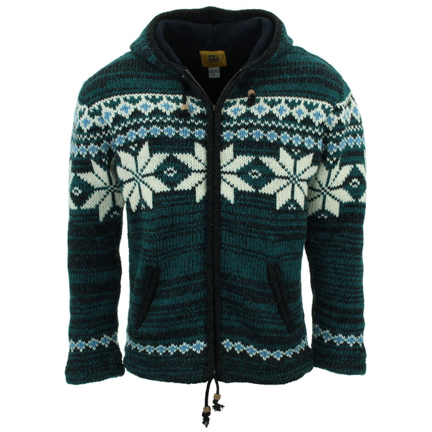 Hand Knitted Wool Hooded Jacket Cardigan - Fairisle Teal