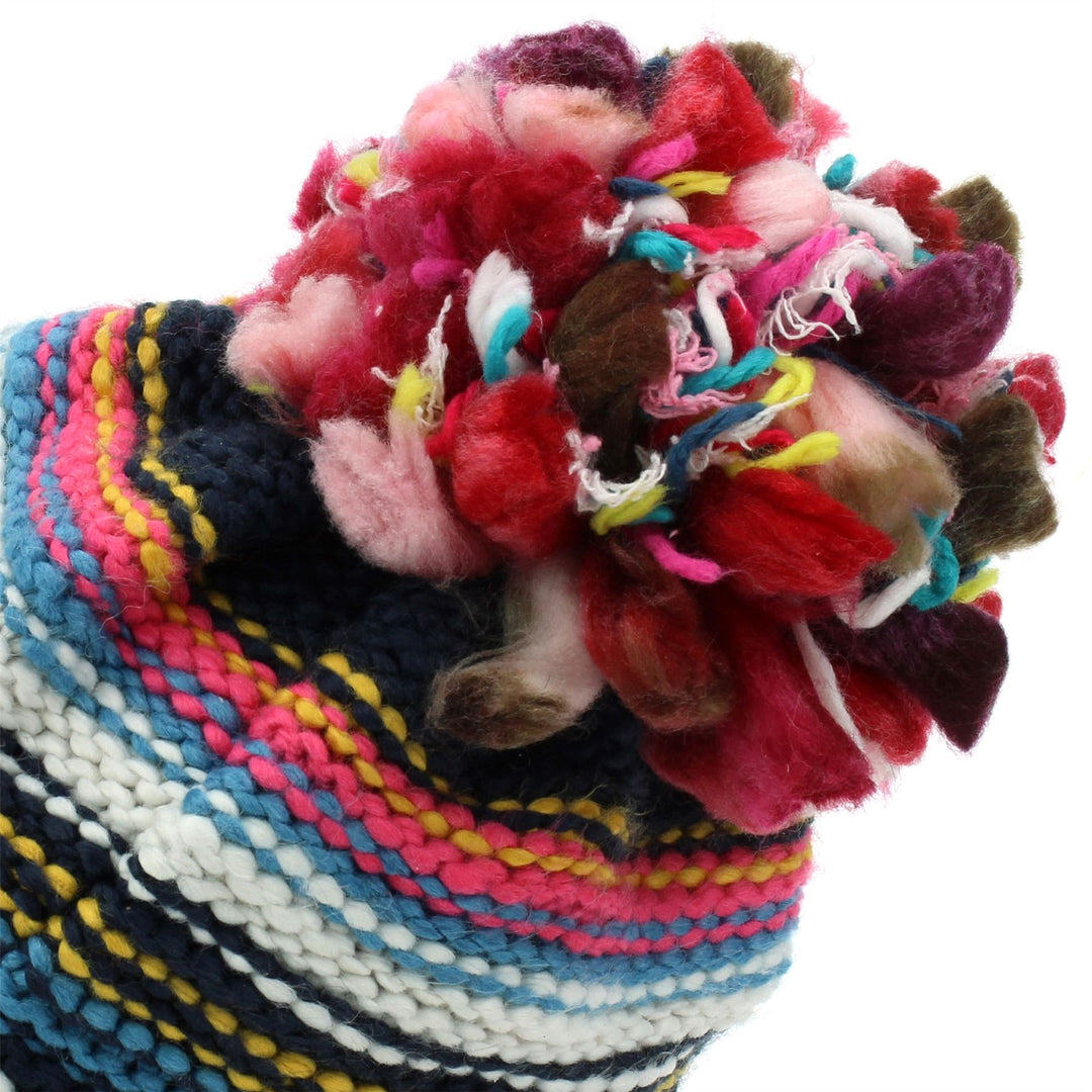 Stripe Knitted Beanie Hat with Bobble - Navy