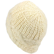 Wool Beanie Hat with Chunky Cross Cable Knit Design - Off White