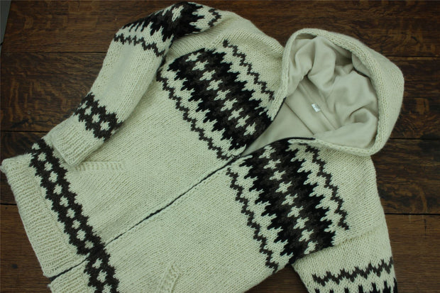 Hand Knitted Wool Hooded Jacket Cardigan - Fairisle White