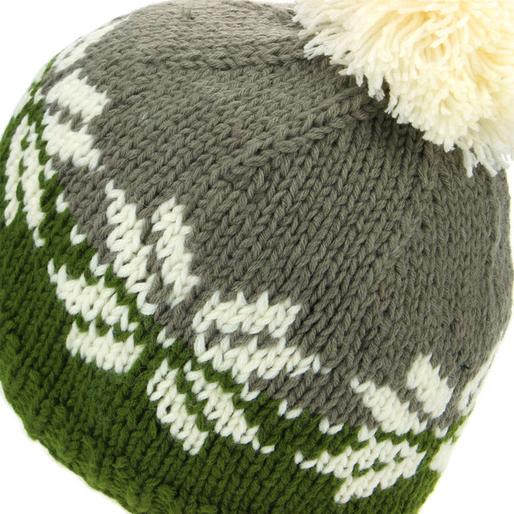 Acrylic Knit Fairisle Beanie Bobble Hat - Grey & Green