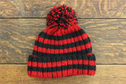 Hand Knitted Wool Beanie Bobble Hat - Stripe Red Black