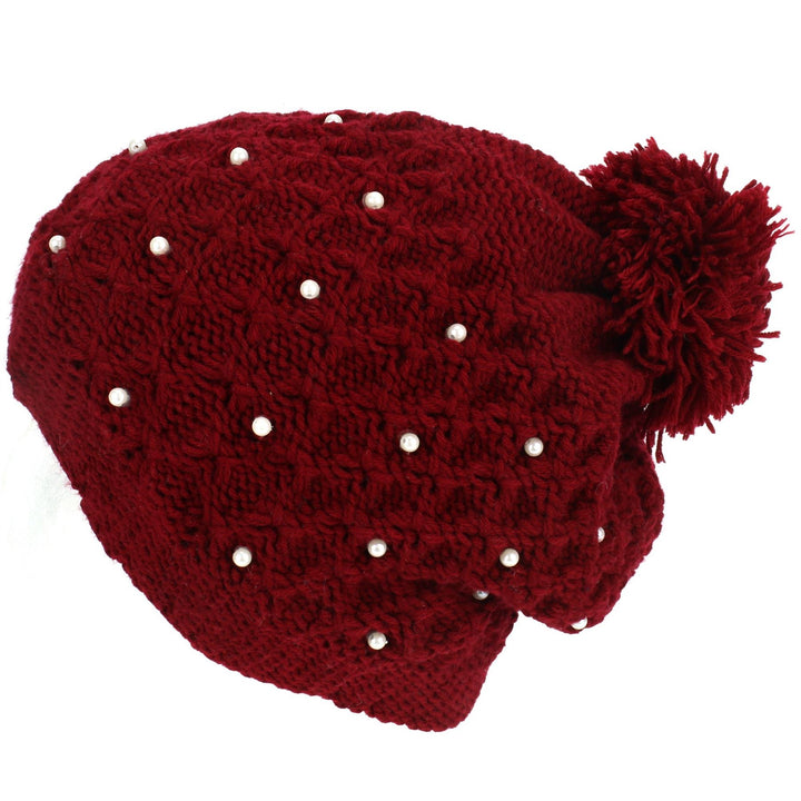 Pearl Lattice Bobble Beanie Hat - Red
