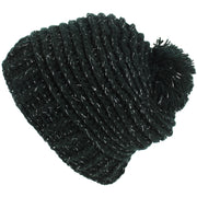Ribbed Tinsel Bobble Beanie Hat - Black