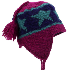 Bonnet à pompon en tricot de laine - marron étoile