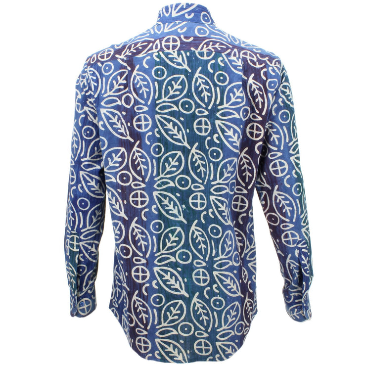 Regular Fit Long Sleeve Shirt - Blue Rainbow Wash with White Abstract Leaves