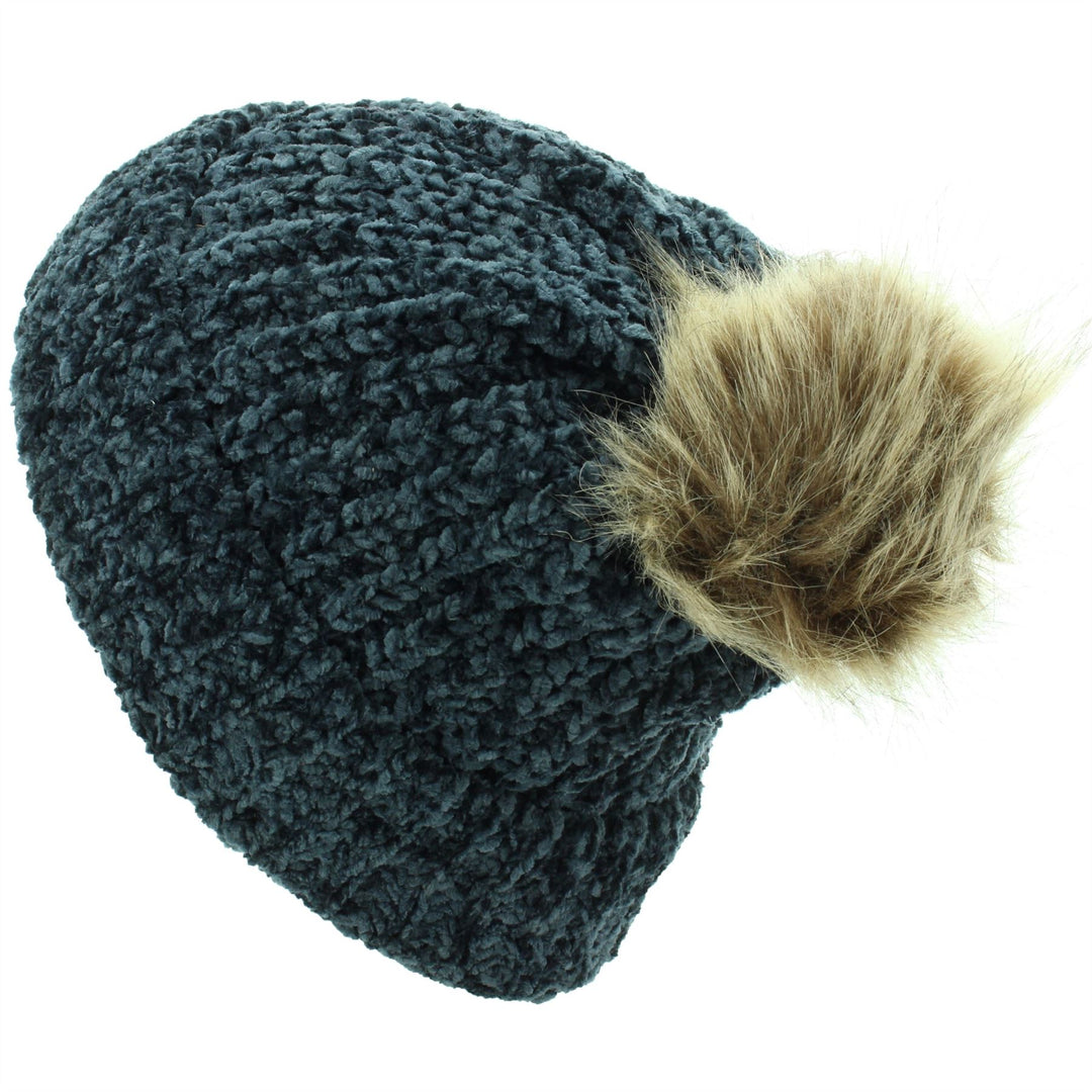 Knitted Beanie Hat with Bobble - Grey